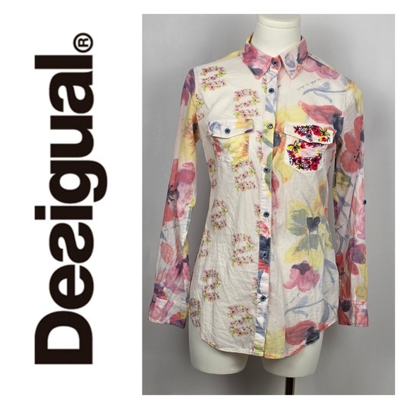 Desigual Tops - Desigual Floral Button-Up Shirt – Adjustable Sleeves, Women’s XS
